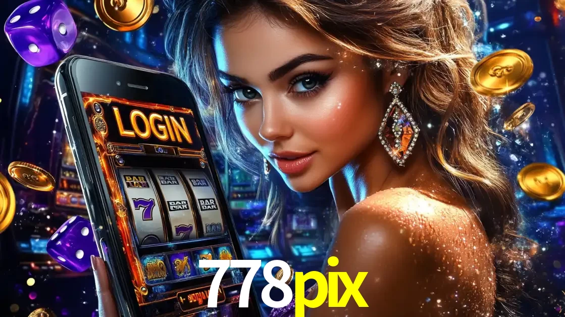 Mulher glamorosa segurando um smartphone com a tela de login para os jogos de caça-níqueis do cassino online 778pix, com moedas de ouro e dados ao redor.