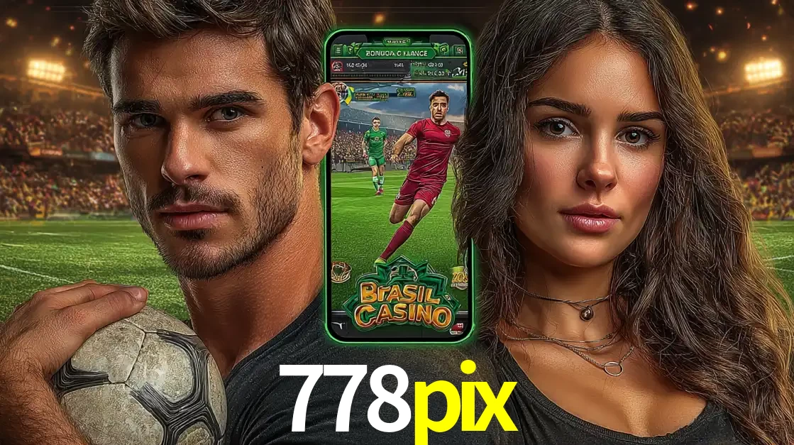 Homem segurando uma bola de futebol e uma mulher ao lado de um smartphone exibindo o jogo de apostas esportivas da 778pix. Faça seu palpite no cassino online.